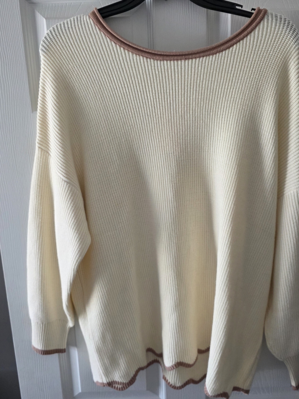 Women's Cream Ribbed Sweater with Pink Trim